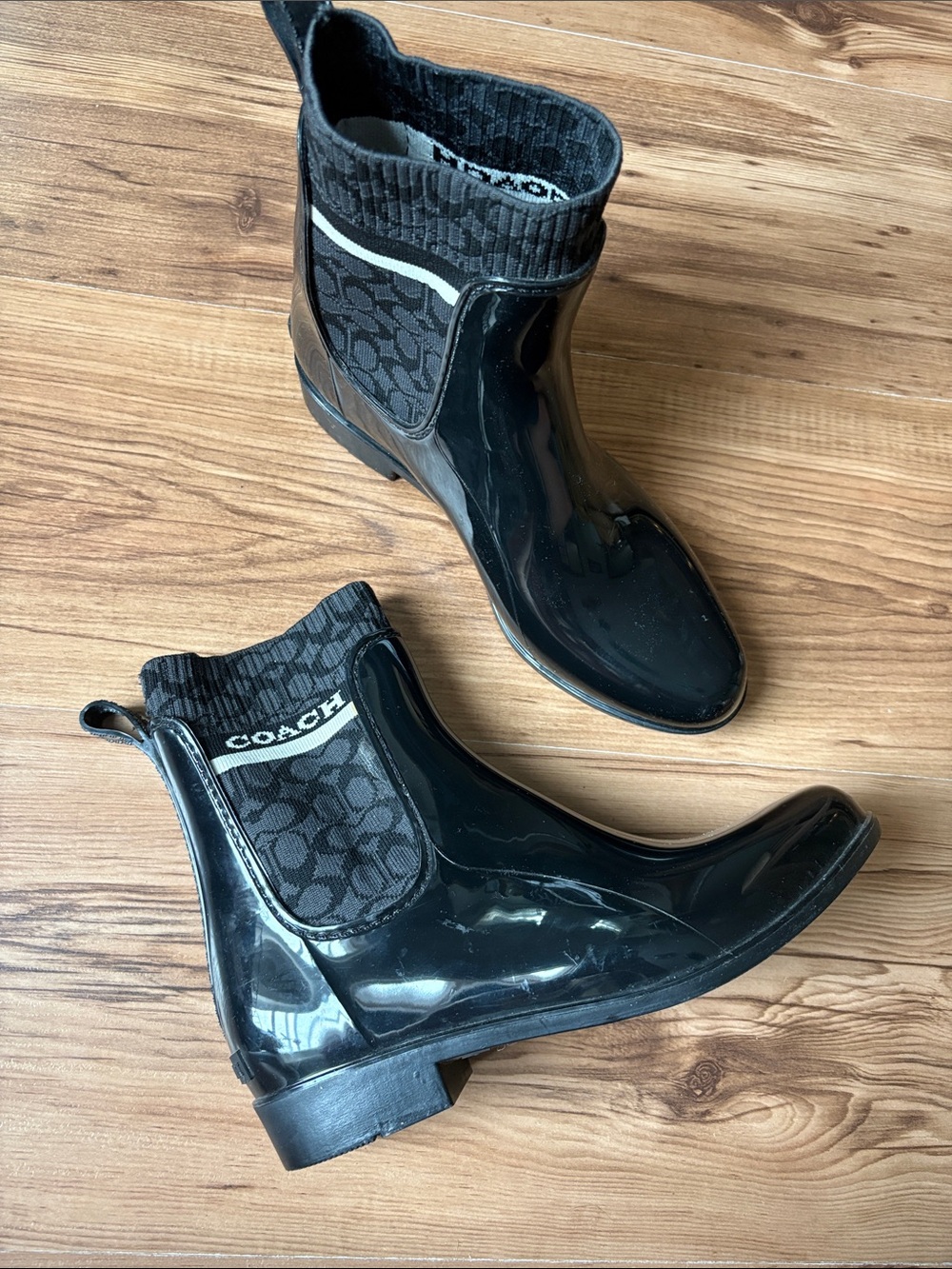 Coach Black Glossy Logo Ankle Rain Boots
